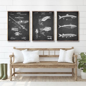 May include: Three vintage-style black and white prints of fishing-related patents. The left print shows a fishing rod and reel. The centre print shows a fishing lure. The right print shows three different types of fish.