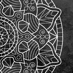 May include: A black and white mandala design with intricate details. The mandala is drawn in a white outline on a black background.