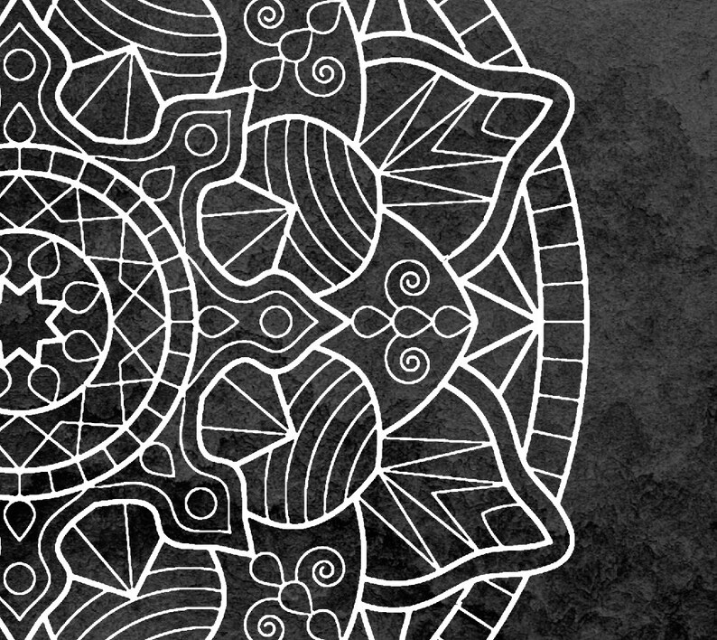 May include: A black and white mandala design with intricate details. The mandala is drawn in a white outline on a black background.