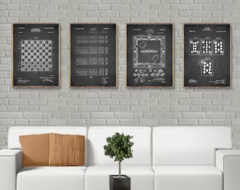 Classic GAMES patents 4 poster set, Checker board game patent, Domino patent print, Board game patent, Playing Cards patent, Game room decor