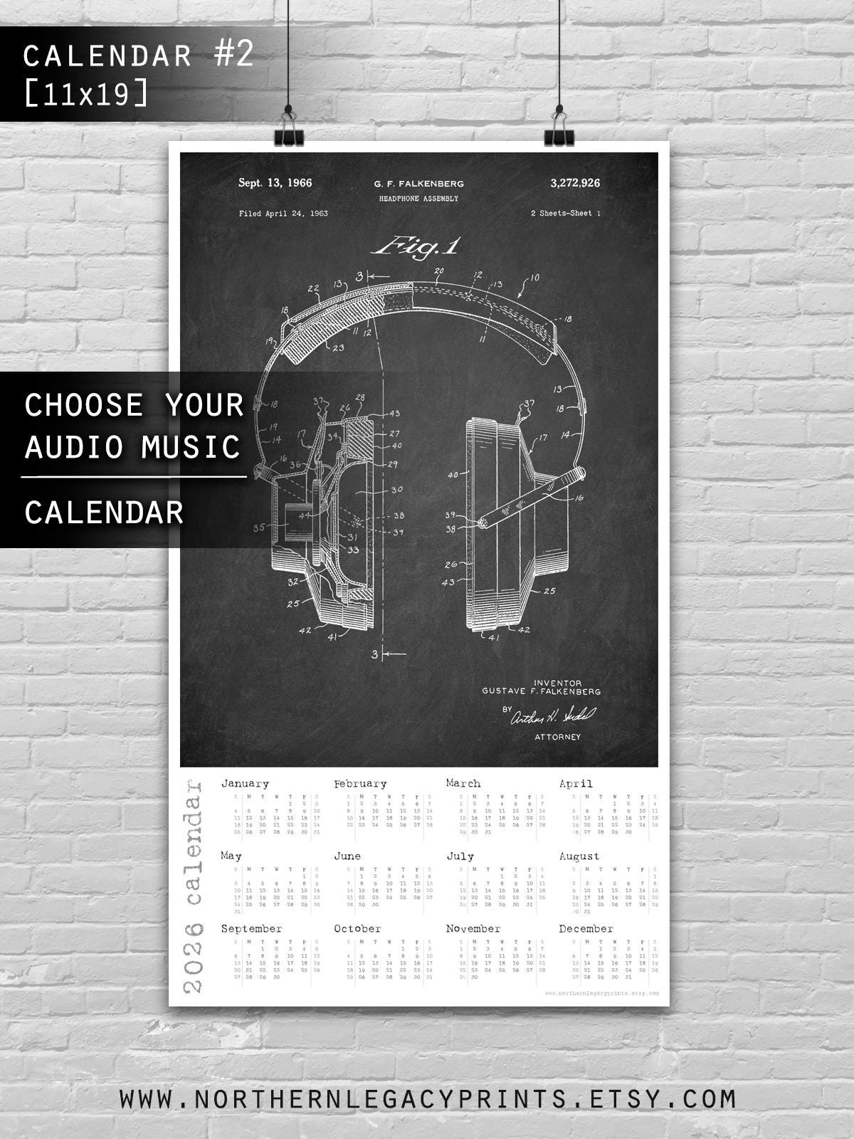 2026 Audio Patent Calendar | One Page Vintage Audio Print | Retro