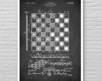 CHECKER and CHESS board patent poster, Classic Chess board game patent, Vintage Checker patent, Chess board patent, Game room wall art decor