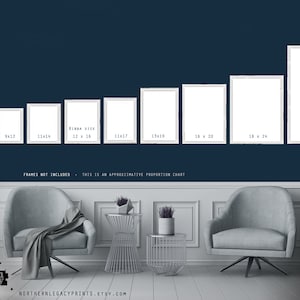 May include: A chart showing different sizes of white picture frames against a dark blue wall. The frames are arranged in a row from smallest to largest. The text "RIBBA SIZE 12 x 16" is visible in the chart. The text "FRAMES NOT INCLUDED - THIS IS AN APPROXIMATIVE PROPORTION CHART" is visible at the bottom of the chart.
