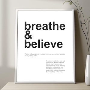 Breathe and Believe Definition Druck - Minimalistisches Schwarz-Weiß Typografie-Poster für Sie und Ihn