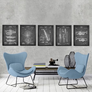 BRASS MUSICAL Instrument patent 5 print set, Wind instrument posters, Trombone patent, Saxophone patent, Trumpet patent, Music wall decor