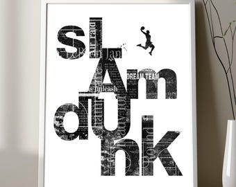 Slam Dunk Poster • Grunge Distressed Typography • Basketball Wall Art • Bold Street Style Print • Sports Decor • Black & White Art
