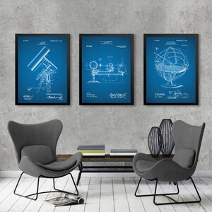ASTRONOMY 3 poster set, Vintage Telescope patent print, Planetarium patent poster, Armillary sphere patent, Astronomy room decor [439a441]