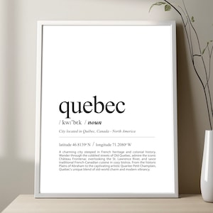 Impression de définition du Québec, affiche de définition de la ville de Québec, impression du Québec en noir et blanc, impression de définition du Québec minimaliste, décor de ville de voyage