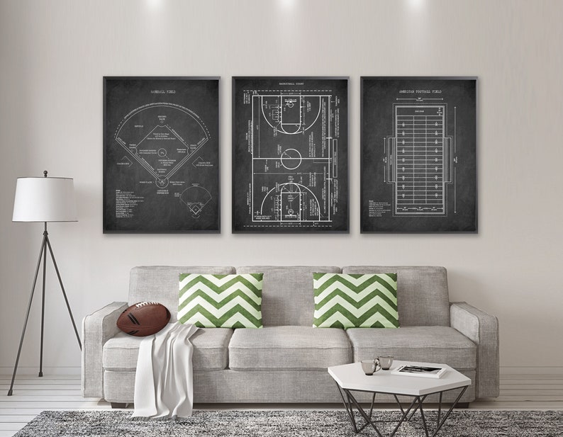Baseball Field Print : 
Detailed technical drawing of a vintage baseball field diagram. High-resolution sports wall art on blueprint, chalkboard, kraft, or vintage grey background.

Basketball Court Print :
Architect-style blueprint of a full basketball court layout. Perfect sports art print for fans, players, or game room decor.

Football Field Print :
Highly detailed American football field schematic in blueprint style. Retro design for home, office, or sports-themed spaces.