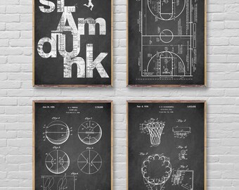 Basketball Wall Art Set of 4 • Slam Dunk Typography Poster • Basketball Court Print • Basketball Patent Art • Basketball Hoop Net Patent