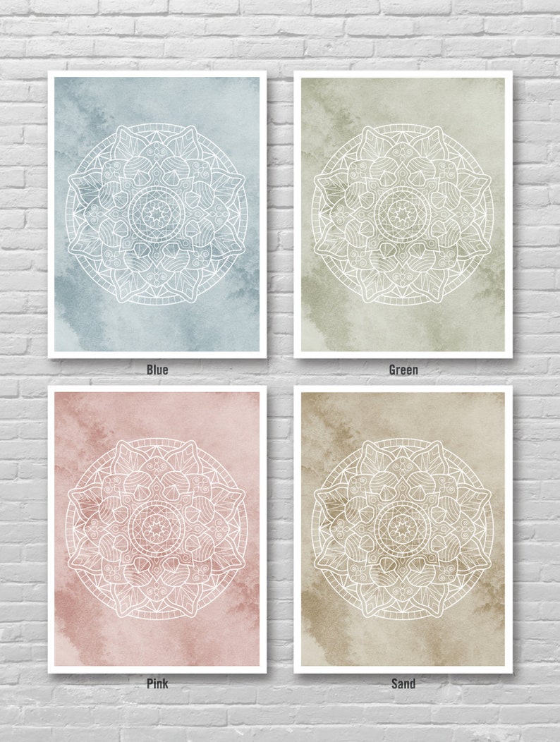 May include: Four printable wall art prints featuring white mandala designs on different colored backgrounds. The colors are blue, green, pink, and sand.