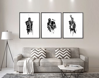 JAZZ MAN 3 poster set, Jazzman prints, Minimalist Prints of my Original Black ink Illustrations, Jazz man illustration one Line art prints