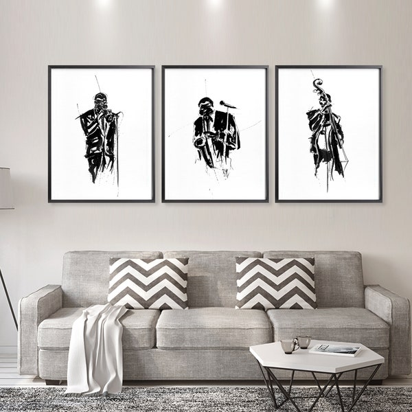 SPECIAL DEAL 40% OFF, 8.5"x11", Jazz Man 3 poster set, Minimalist Prints of my Original Black ink Illustrations, Jazzman trio Line art print