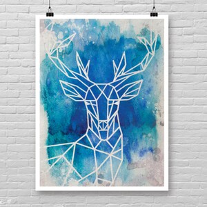 May include: Geometric deer silhouette in white against a blue watercolour background. The deer's antlers and body are made up of triangles.