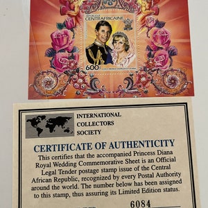 Limited Edition Princess Diana Princess of Wales Royal Wedding Commemorative Stamp Sheet - Certificate of Authenticity - Issue Number 6084