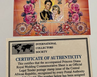 Limited Edition Princess Diana Princess of Wales Royal Wedding Commemorative Stamp Sheet - Certificate of Authenticity - Issue Number 6084
