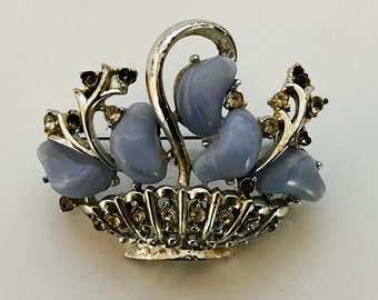 1954 CORO Signed Silver-Tone Blue Lucite Cabochon Rhinestone Fruit Basket Estate Elegant Statement Brooch