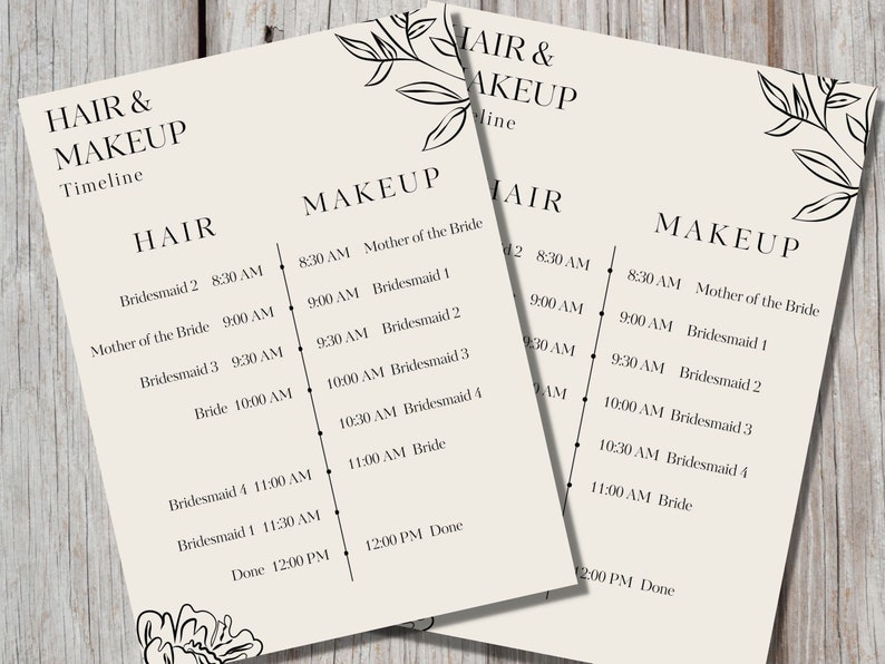 Minimalist Wedding Hair & Makeup Timeline Template Etsy