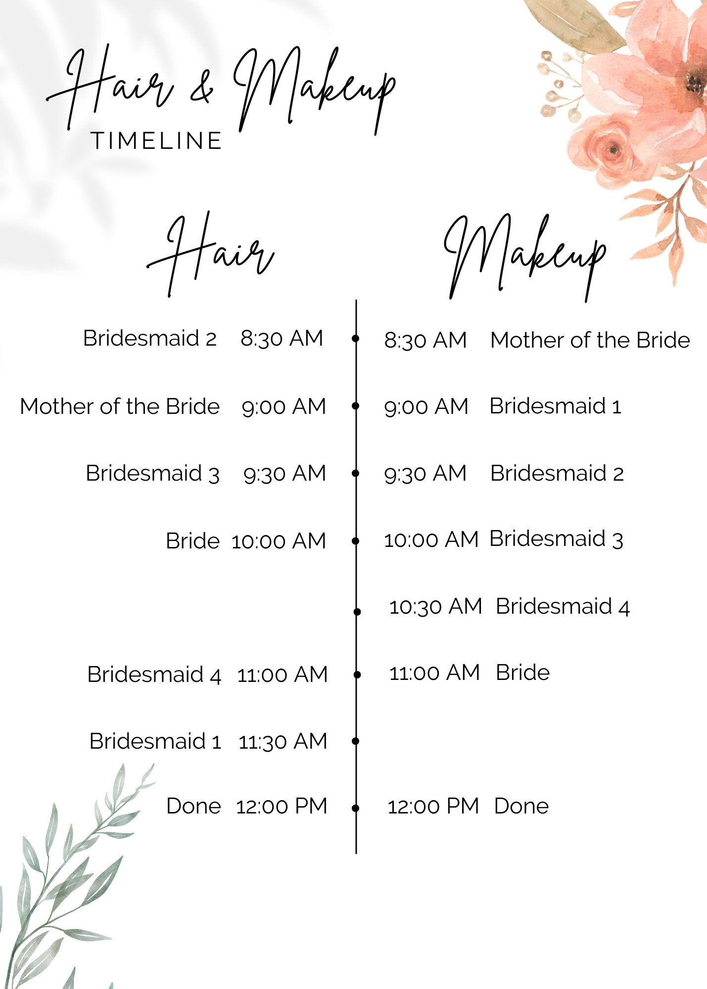 Romantic Wedding Hair & Makeup Timeline Template Etsy