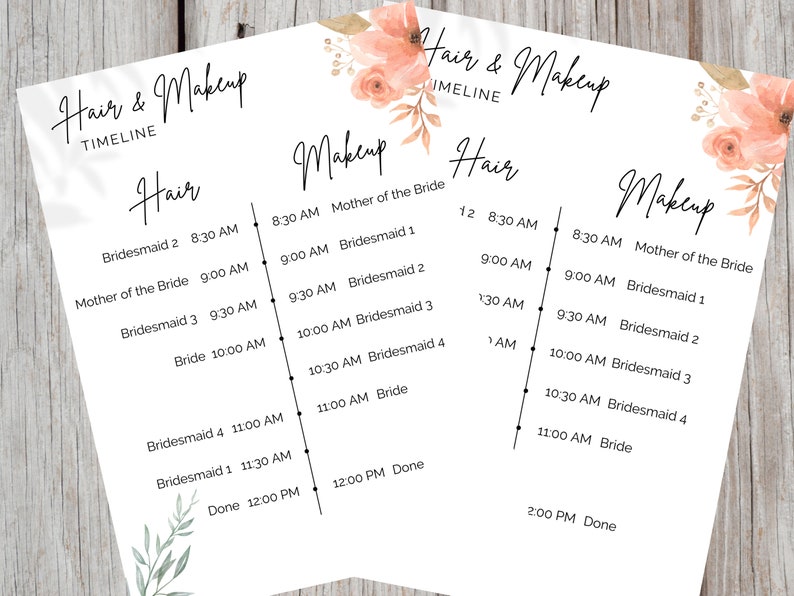 Romantic Wedding Hair & Makeup Timeline Template Etsy
