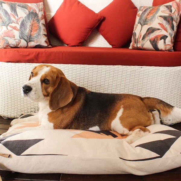 HypoAllergenic Luxury Dog Bed / Pouf / Pet Cushion - Geometric Print - Durry cotton with recycled filling.