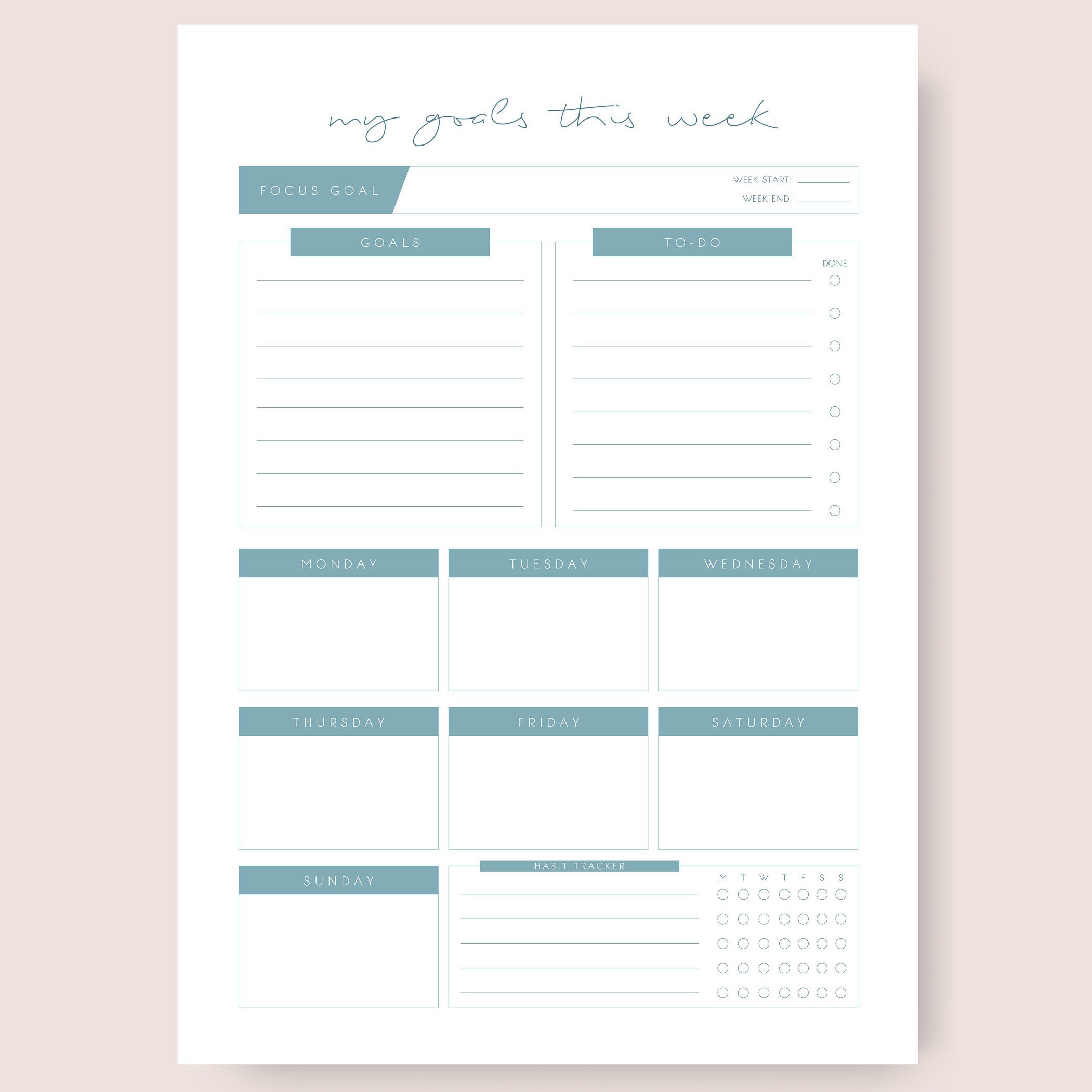 printable weekly goals template goal planner weekly planner etsy