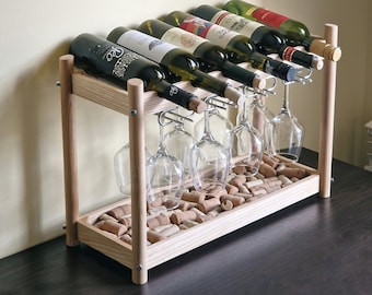 Handmade Wooden Wine Rack with Glass Holder - Simple Elegance for Wine Enthusiasts