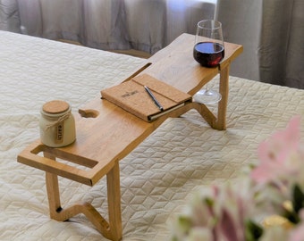 Oak Bath Caddy, Bath Tray with Wine glass, Towel and Phone holders, Wood Bath Decor