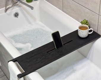 Luxurious Burnt Oak Bathtub Stand with Cup and Phone Holders - Spa-Grade Relaxation at Home