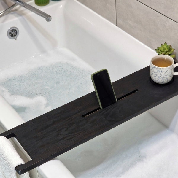 Luxurious Burnt Oak Bathtub Stand with Cup and Phone Holders - Spa-Grade Relaxation at Home