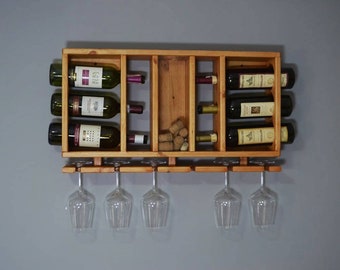 Wooden Wine Rack, Hanging Wine Shelf with Glass Holder