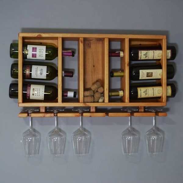 Wooden Wine Rack, Hanging Wine Shelf with Glass Holder