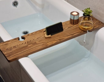 Rustic Wooden Bath Caddy, Customizable, Spa Accessories, Romantic Decor, Phone Holder, iPad Stand