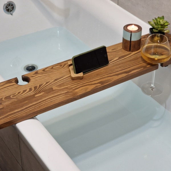 Rustic Wooden Bath Caddy, Customizable, Spa Accessories, Romantic Decor, Phone Holder, iPad Stand