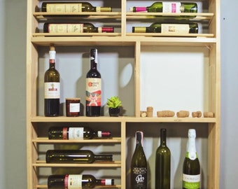 Estante de vino rústico de madera, estante de vino colgante con soporte de vidrio, Weinregal, estante de vino de pared