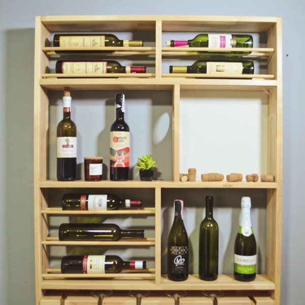 Wooden Rustic Wine Rack, Hanging Wine Shelf with Glass Holder, Weinregal, Wall Wine Rack