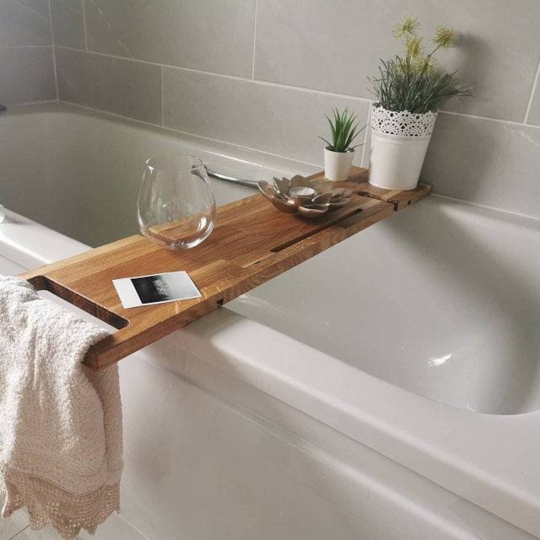 Oak Bath Caddy, Bath Tray With Wine Glass, Towel and Phone Holders, Wood  Bath Decor 