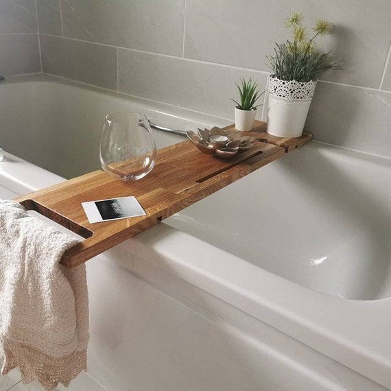 Oak Bath Caddy, Bath Tray With Wine Glass, Towel and Phone Holders