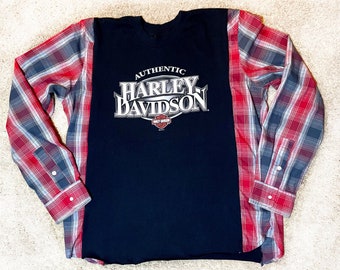 Harley Davidson / Flannel Rework | graduation gift, gifts for her, tshirt, handmade gift