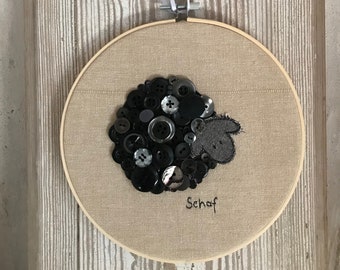 large embroidery frame picture "black sheep Gertrude" 20 cm diameter - unique - embroidery - button art - wall decoration - wall decoration - sheep love