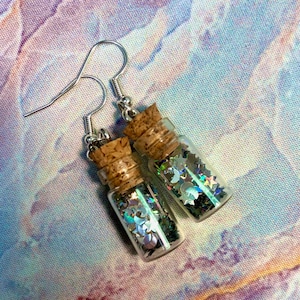 Celestial Glitter Jar Earrings - Holographic Silver Moon and Stars