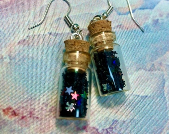 Holographic Celestial Glitter Jar Earrings - Black Stars