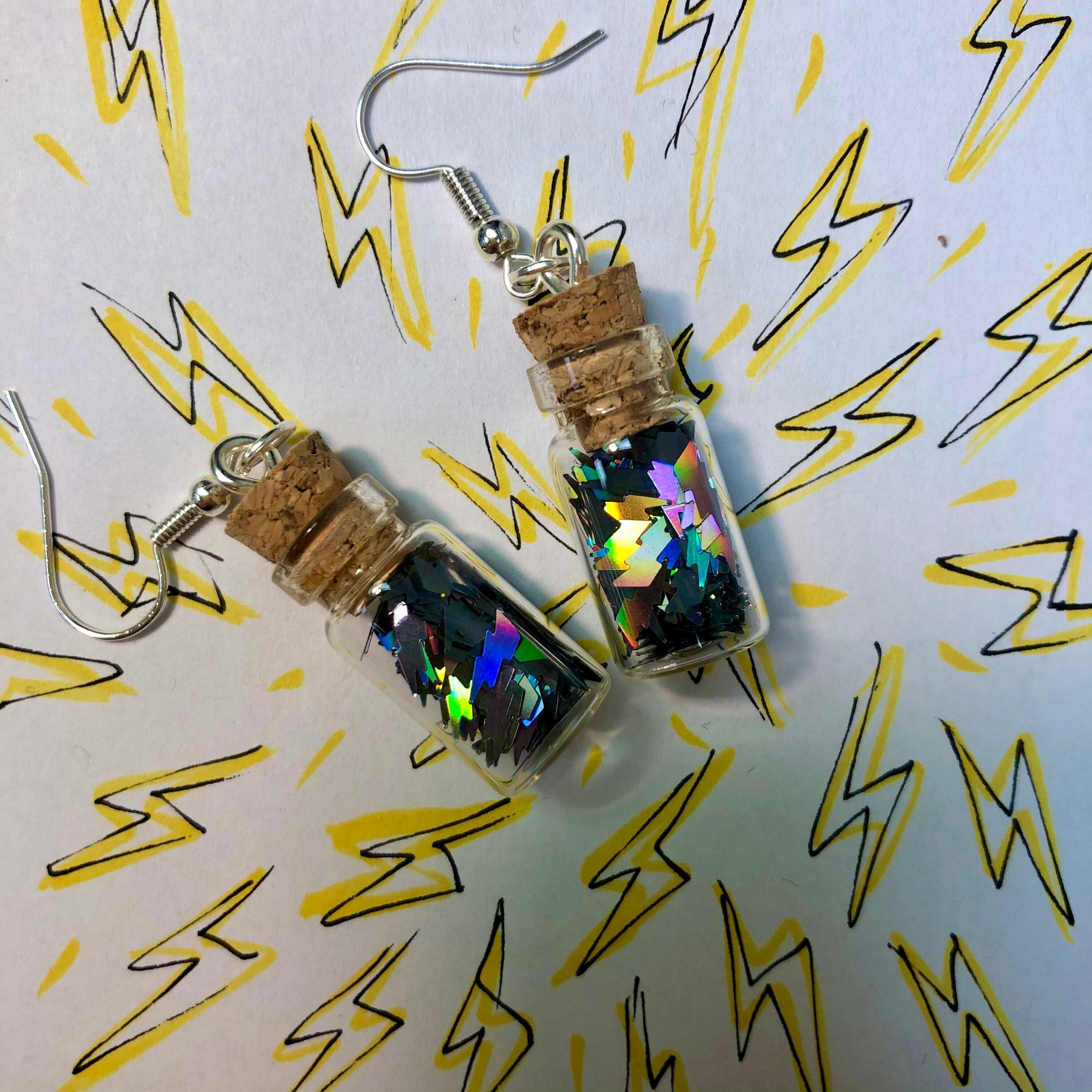 Juul Pod Earrings Lightning in a Bottle Earrings - Lightning Bolt  Holographic Glitter Jars