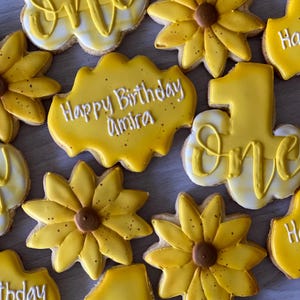 Sunflower Sugar Cookies, Yellow Iced First Birthday Treat, Vanilla Almond Flavor, One Dozen