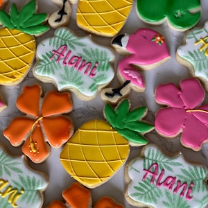 Beach luau decorated sugar cookies , 1 dozen, flamingo cookies