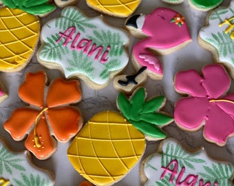 Beach luau decorated sugar cookies , 1 dozen, flamingo cookies