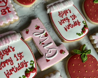 1 dozen A berry first birthday cookies, a berry sweet one. Strawberry theme  cookies