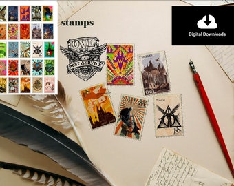 May include: A collection of colorful stamps with various designs, including images of castles, owls, and other fantasy-themed illustrations. The stamps are arranged on a cream-colored surface with a quill and feather.