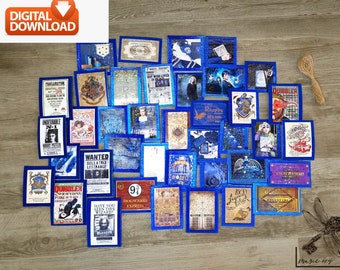 May include: A collection of blue-framed cards with various images and text, including "DIGITAL DOWNLOAD" and "UNDESIRABLE N-1 HARRY POTTER." The cards feature illustrations and text from the Harry Potter series, arranged on a wooden surface.