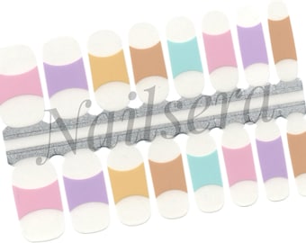 May include: A set of 10 nail wraps with a white base and a half-moon design in pastel pink, lavender, yellow, brown, and blue.